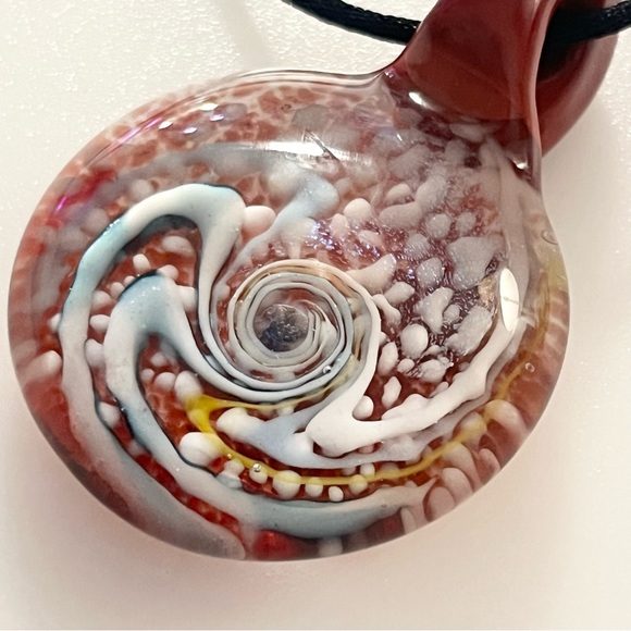 Handblown Artisan Brown Blue White Yellow Glitter Art Lampwork Glass Necklace - Picture 9 of 16